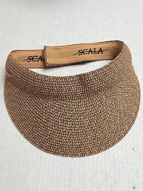 Scala Womens Wide Brim Paper Braid Straw Visor Hat Adjustable Tan Brown Beach